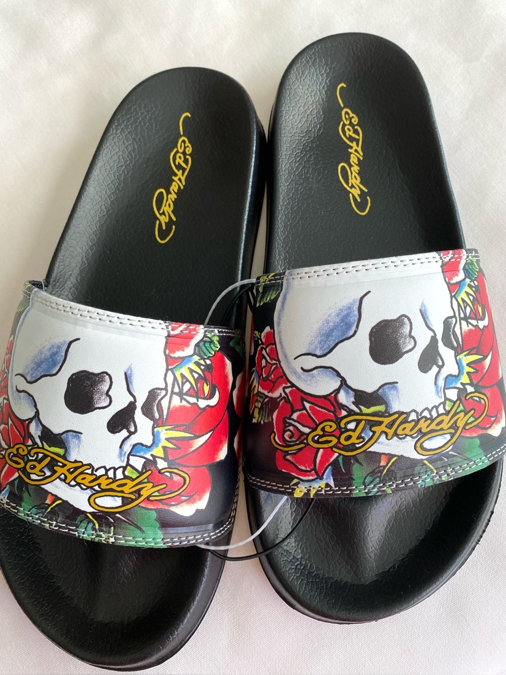 Ed Hardy Women Black Red Skull Roses Slides / Flip-Flops Size 7 NWT